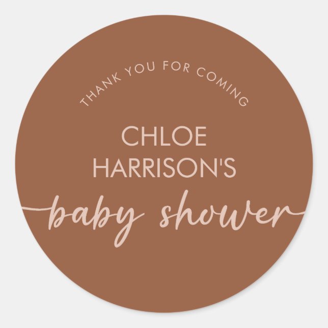 Boho Brown Terracotta Beige Script Baby Dusche Runder Aufkleber (Vorderseite)