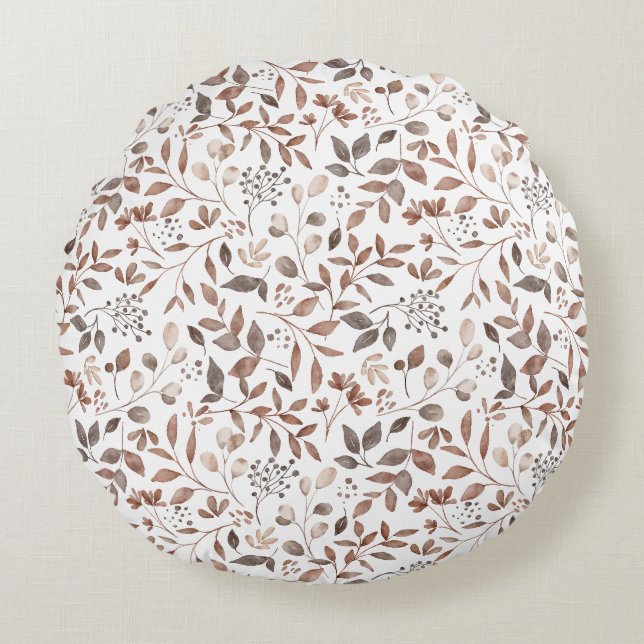 Boho Brown Terracotta Botanische Blätter Rundes Kissen (Vorderseite)