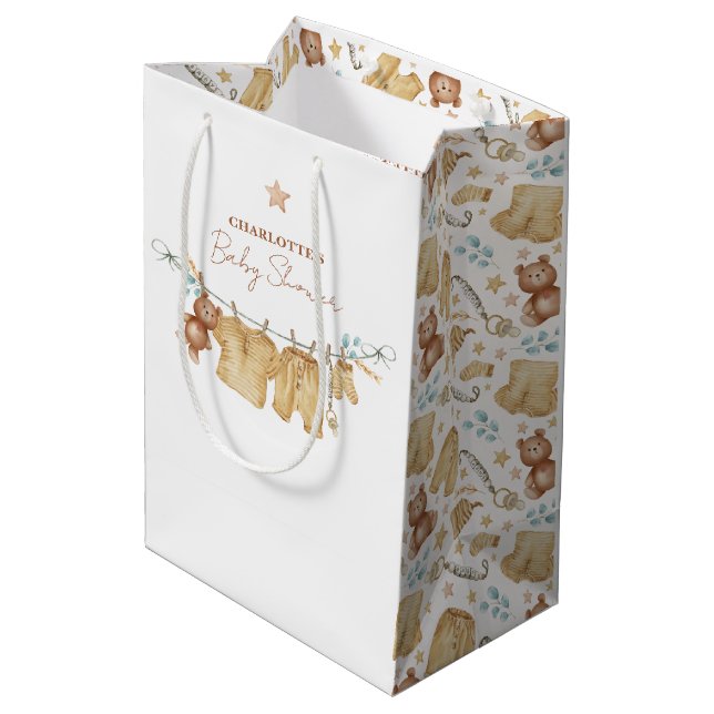 Boho Brown Watercolor Clothesline Babydusche Mittlere Geschenktüte (Rückseite Schrägansicht)
