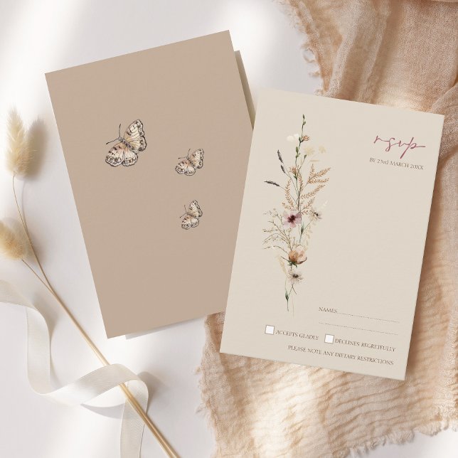 Boho Brown Wildblumen und Schmetterlinge Hochzeite RSVP Karte (Boho Brown Wildflowers and Butterflies Wedding RSVP Card)