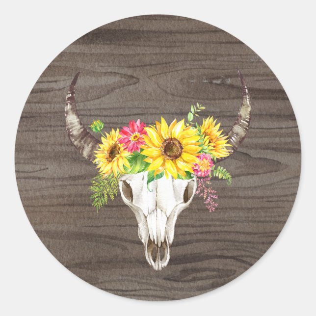 Boho Bull Skull Dark Wood Runder Aufkleber (Vorderseite)