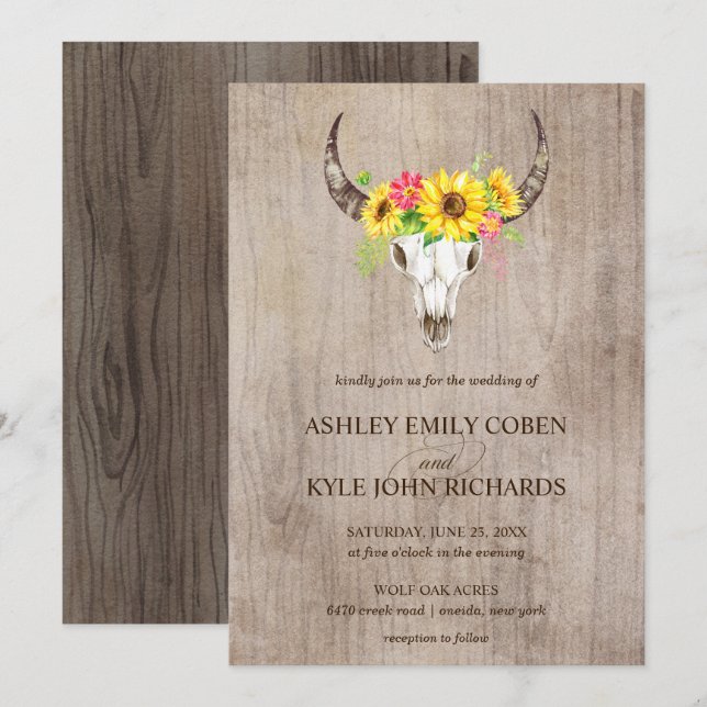 Boho Bull Skull Hochzeitseinladung mit Sonnenblume Einladung (Vorne/Hinten)