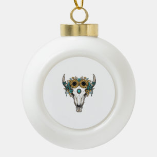 Boho Bullenschädel Sonnenblume Vintage Western Gra Keramik Kugel-Ornament