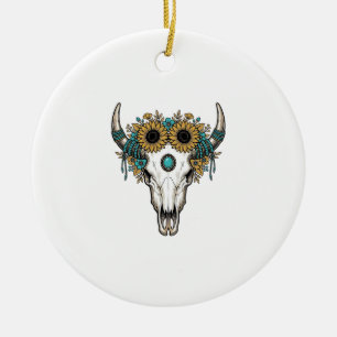 Boho Bullenschädel Sonnenblume Vintage Western Gra Keramik Ornament