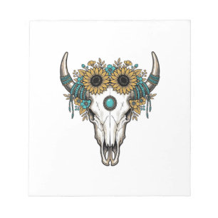 Boho Bullenschädel Sonnenblume Vintage Western Gra Notizblock