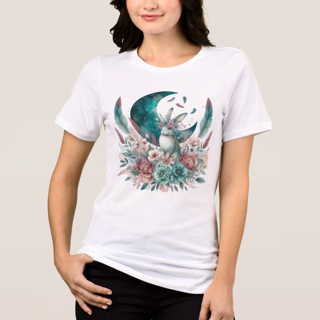 Boho Bunny Tshirt mit Mond und Blume (Vorderseite)