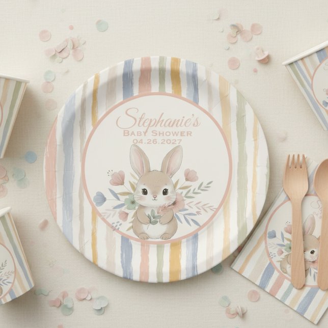 Boho Bunny Watercolor Stripe Plate Pappteller (Boho bunny watercolor striped baby shower paper plate)