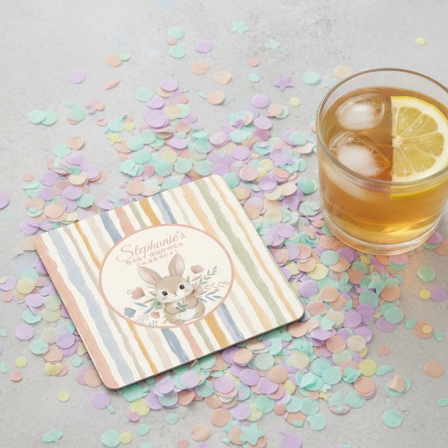 Boho Bunny Watercolor Stripe  Rechteckiger Pappuntersetzer (Soft bunny baby shower drink coaster)