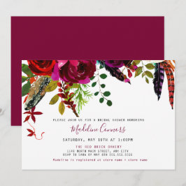 Boho Burgund Floral and Feathers Brautparty Einladung