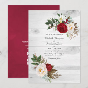 Boho-Burgund/Marsala-Blumen-QR-Code-RSVP-Hochzeit Einladung