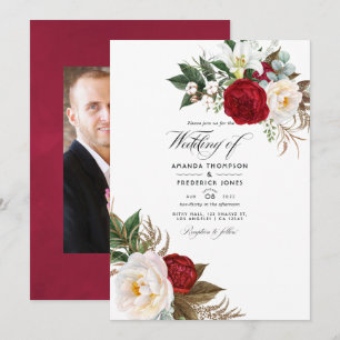 Boho Burgund - Marsala Florale Hochzeitsfoto Einladung