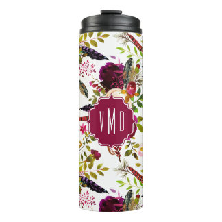 Boho Burgund Marsala Wasserfarbe Floral Monogramm Thermosbecher