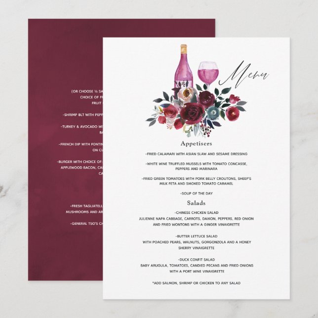 Boho Burgund und Navy Brautparty Weinprobe Menükarte (Vorne/Hinten)