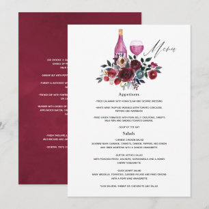 Boho Burgund und Navy Brautparty Weinprobe Menükarte