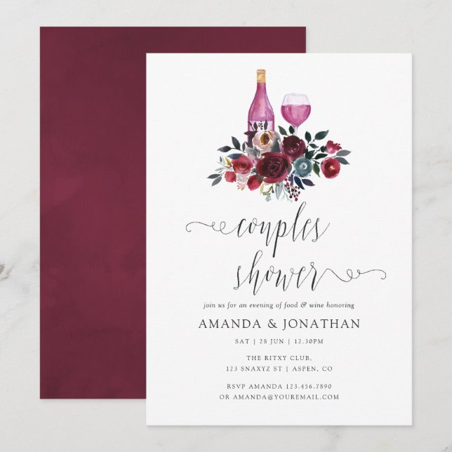Boho Burgund und Navy Paare Dusche Weinprobe Einladung (Vorne/Hinten)