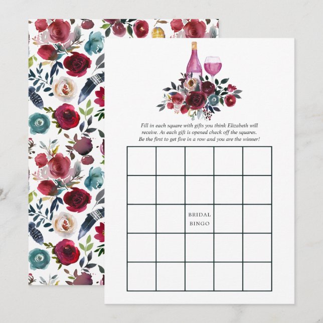 Boho Burgund und Navy Weinprobe Bridal Bingo Einladung (Vorne/Hinten)