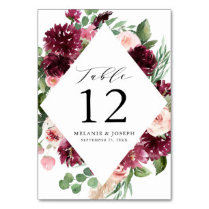 Boho-Burgund- und Rosé-Wasserfarben-Blumenhochzeit Tischnummer