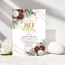 Boho-Burgunder-Blumen-Einladung zum 80. Geburtstag