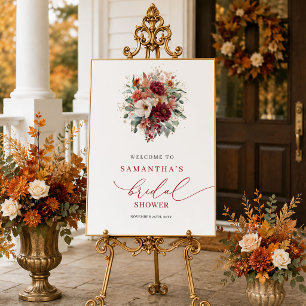 Boho-Burgunder-Blumen-Herbst-Brautparty-Willkommen Poster