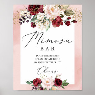 Boho-Burgunder-Rosa-Blumen-Mimosa-Bar-Schild Poster