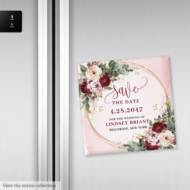 Boho Burgunder-Rosa-Gold Blumen Save Date Magnet (Boho Burgundy Blush Gold Floral Save Date Magnet)