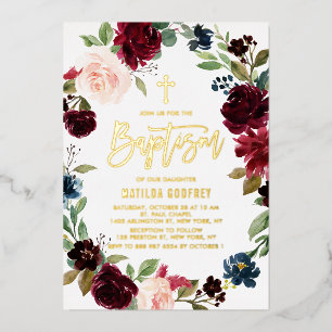 Boho-Burgunder-Wasserfarben-Blumenkranz-Taufe Folieneinladung