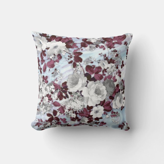 Boho Burgunder weißes Pastellmarmorblumenmuster Kissen (Vorderseite)