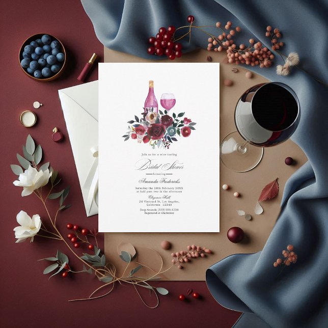 Boho Burgundy and Navy Bridal Shower Wine Tasting Einladung (Burgundy, Navy and Dusty Blue Bridal Shower Wine Tasting Invitation)