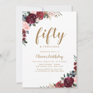 Boho burgundy Aquarell Blüte 50. Geburtstag Einladung