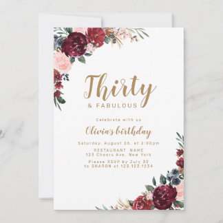 Boho burgundy Aquarellblüte 30. Geburtstag Einladung