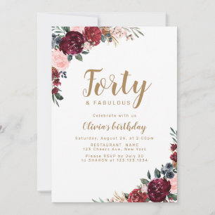 Boho burgundy Aquarellblüte 40. Geburtstag Einladung