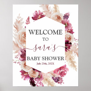 Boho Burgundy Baby Shower Girl Begrüßungszeichen Poster