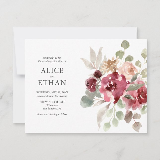 Boho Burgundy Blume Eucalyptus Wedding Einladung (Vorderseite)