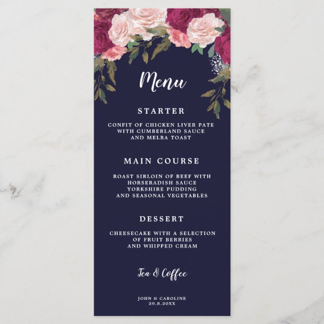Boho burgundy Blumenkarten Hochzeitskarte Menükarte (Vorderseite)