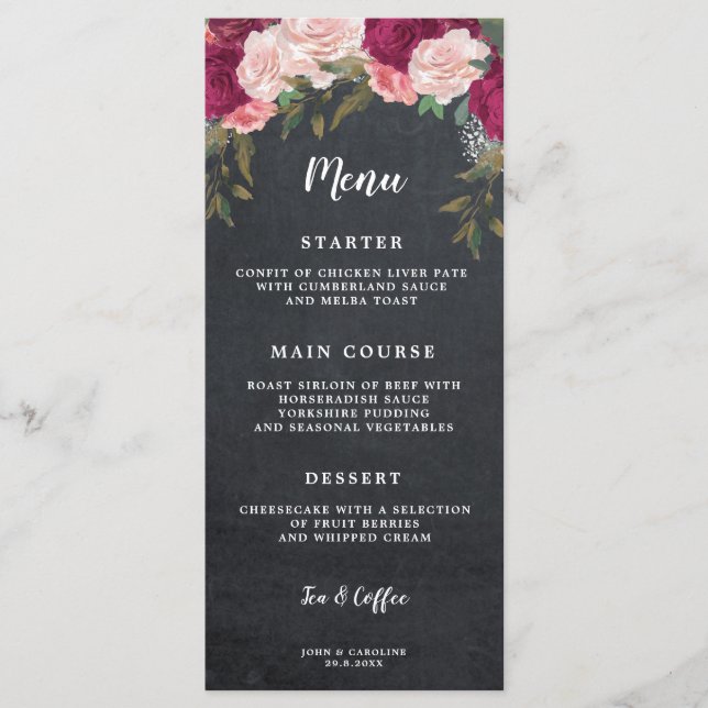 Boho burgundy Blumenkreide Hochzeitskarte Menükarte (Vorderseite)