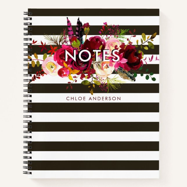 Boho Burgundy Blumennoten mit Streifen Notizbuch (Vorderseite)