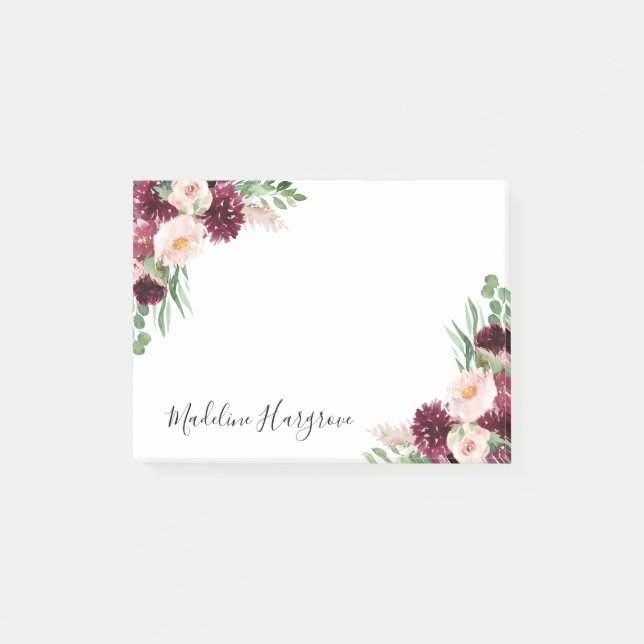 Boho Burgundy & Blush Bloral Personalisiert Post-it Klebezettel (Vorderseite)
