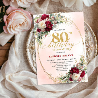 Boho Burgundy Blush Floral 80th Birthday Invite Einladung