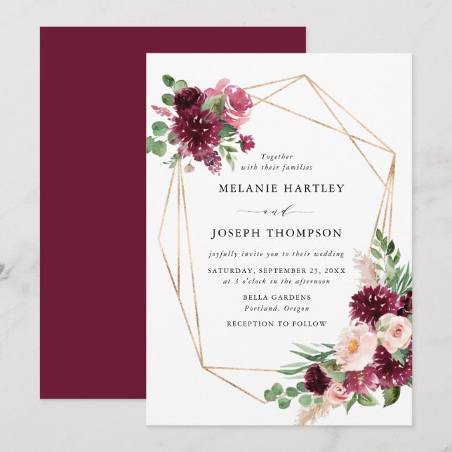 Boho Burgundy & Blush Floral Gold Rahmen Wedding Einladung (Vorne/Hinten)