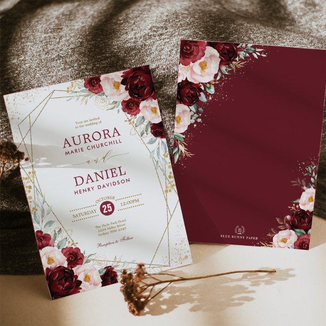 Boho Burgundy Blush Gold Blume Geometric Wedding Einladung (Von Creator hochgeladen)