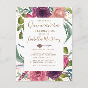 Boho Burgundy Blush Pink Floral Quinceañera Postkarte