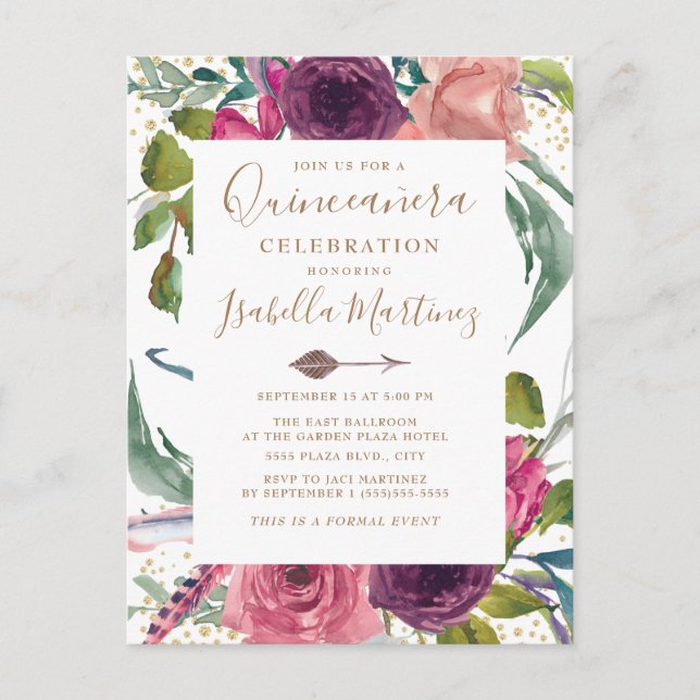 Boho Burgundy Blush Pink Floral Quinceañera Postkarte (Vorderseite)