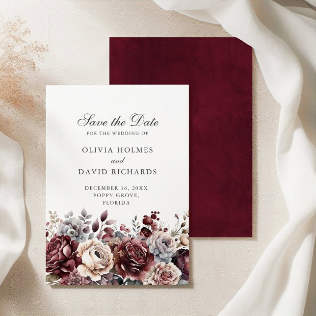 Boho Burgundy & Blush Save the Date Card (Boho Burgundy & Blush Floral Save the Date Card on a silk tablecloth)