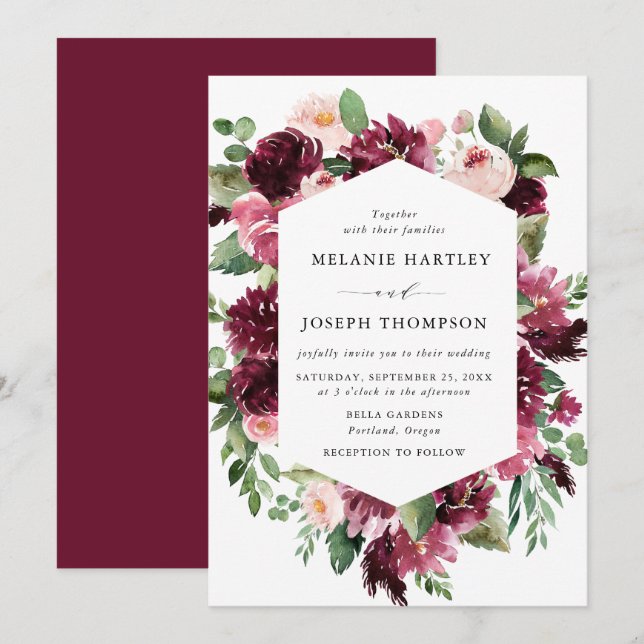 Boho Burgundy & Blush Wasserfarben Hochzeit mit Bl Einladung (Vorne/Hinten)