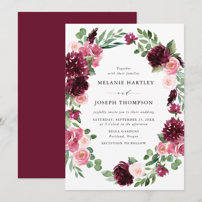 Boho Burgundy & Blush Wasserfarben Hochzeit mit Bl Einladung (Vorne/Hinten)