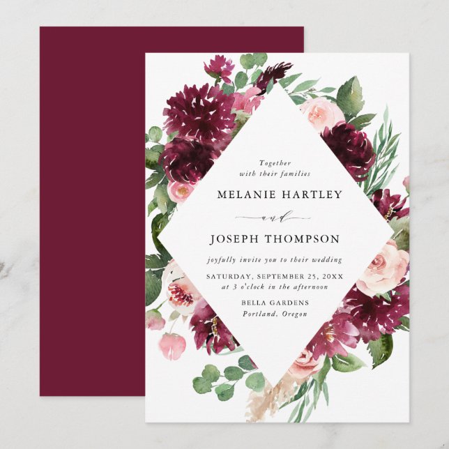 Boho Burgundy & Blush Wasserfarben Hochzeit mit Bl Einladung (Vorne/Hinten)