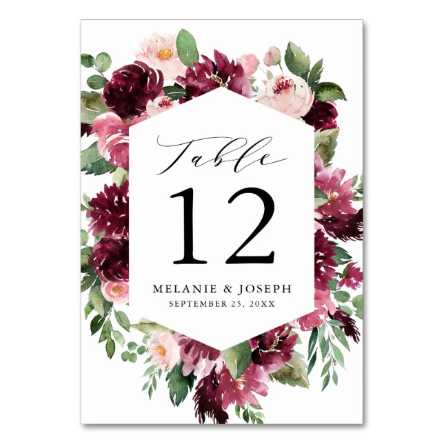 Boho Burgundy & Blush Wasserfarben Hochzeit mit Bl Tischnummer (Vorderseite)