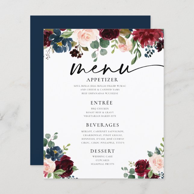 Boho Burgundy Blush Wedding Flat Menu (Vorne/Hinten)