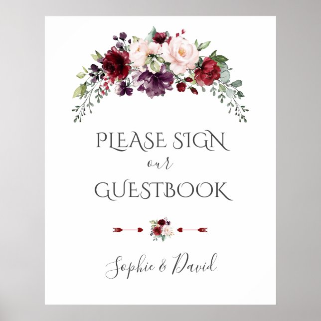 Boho Burgundy Blush Wedding Sign Unser Gästebuch (Vorne)
