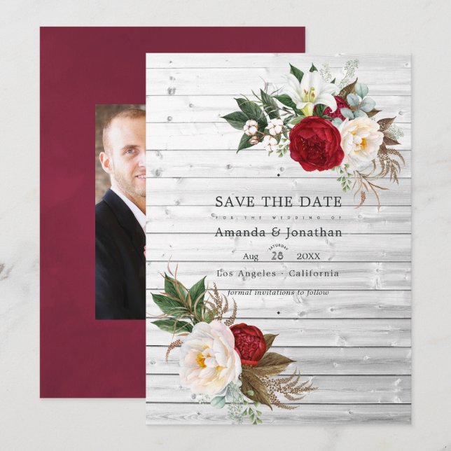 Boho Burgundy - Bohemische Hochzeit in Marsala Flo Save The Date (Vorne/Hinten)